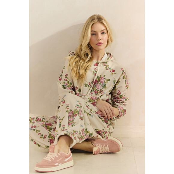 Veveret Size Small Beige Floral Printed French Terry Pants - Picture 10 of 11